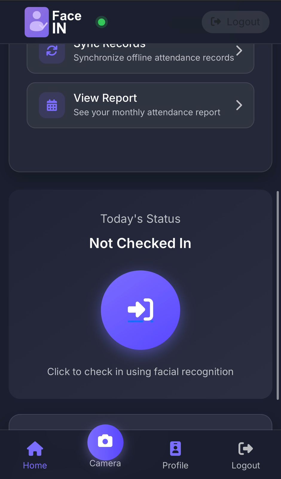 Face IN Attendance Screen